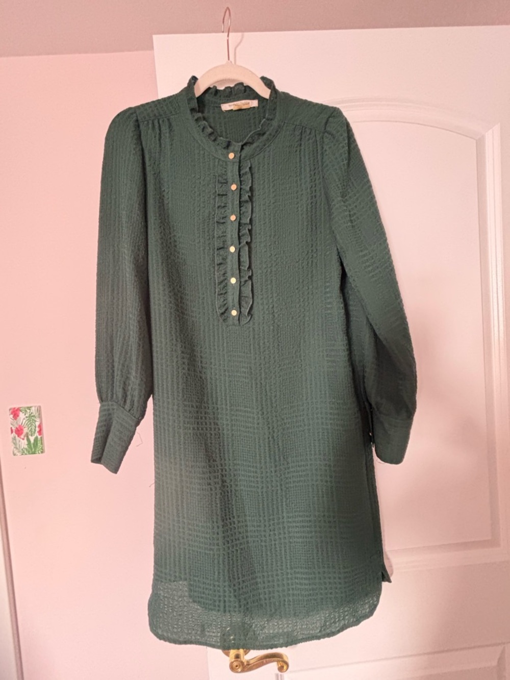 Gerard Darel Dark Green Textured Ruffle-Front Long Sleeve Dress